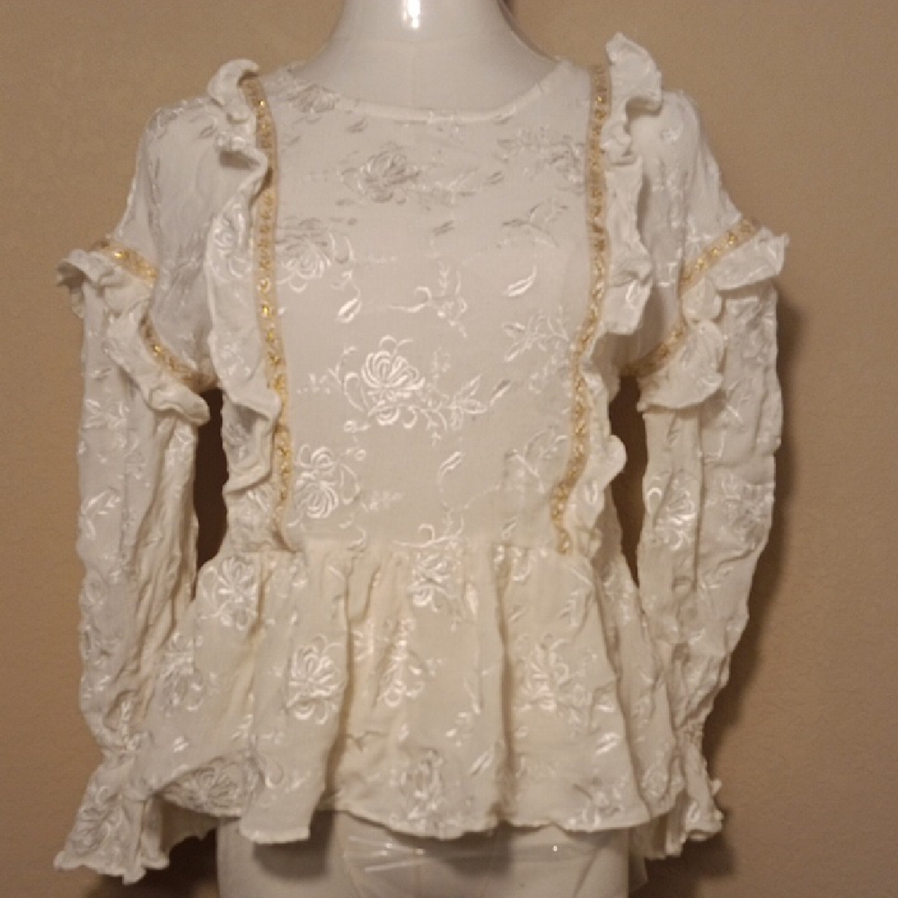 POL Cream Floral Ruffle Blouse with Gold Accents